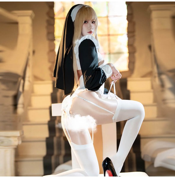 FEE ET MOI - Dark Moon Nun Crotchless Bodysuit Set (White - Black)